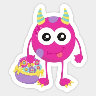 Spring Monster, Pink Monster, Horns, Flowers Sticker